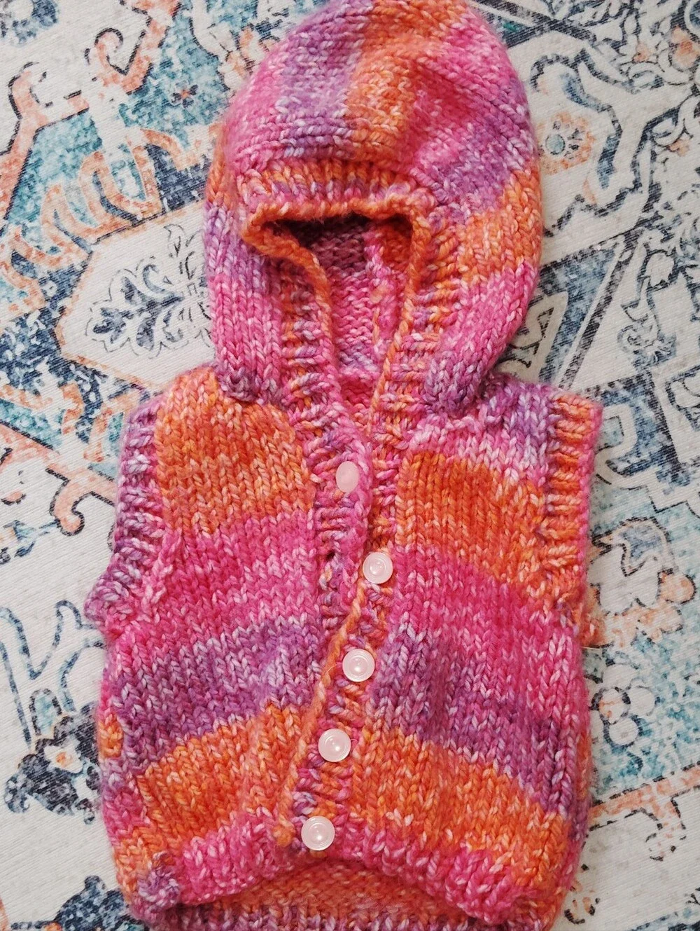 Hand-Knit Hooded Baby Vest in Pink & Orange